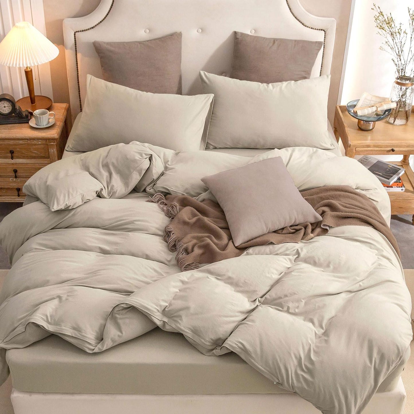 PURE ERA Jersey Knit Duvet Cover Set 100% T-Shirt Cotton Super Soft Comfy 2pc Bedding Set with Zipper Closure (Solid Dark Beige, Twin)