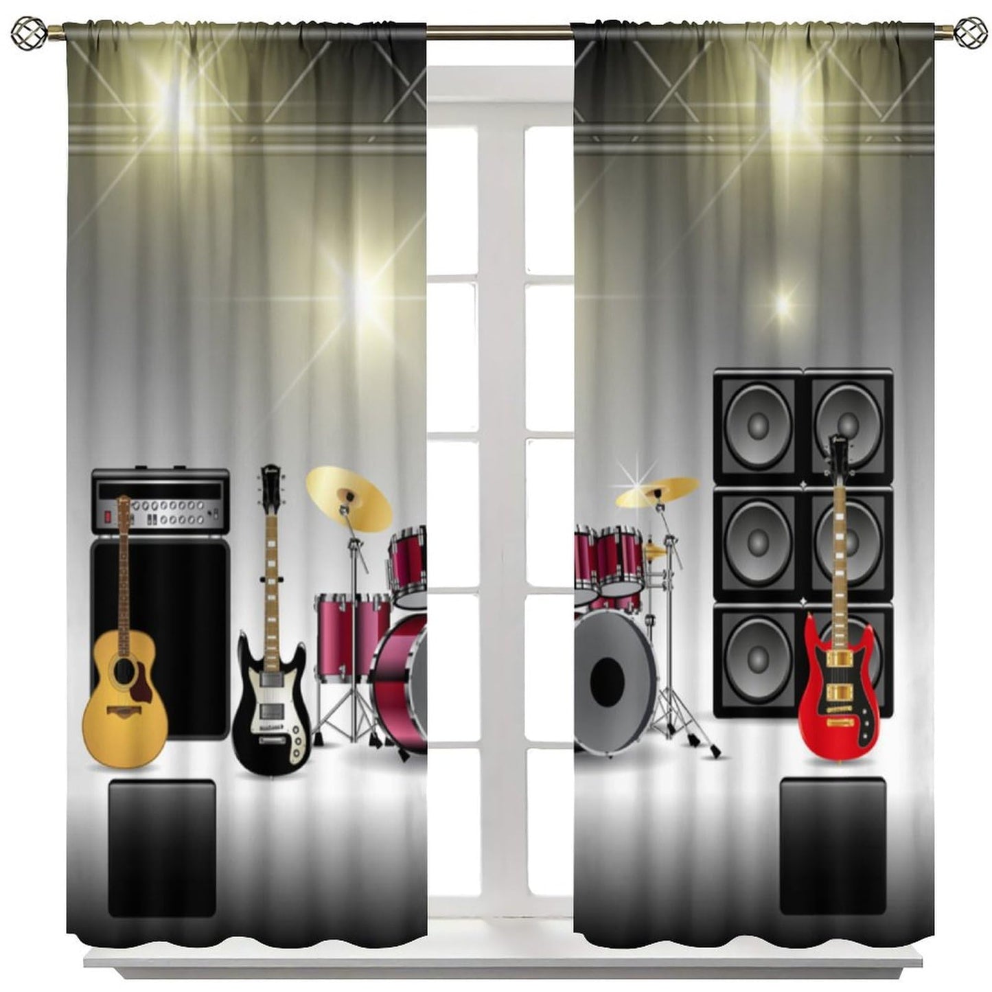 FAOTELY Rock Music Curtains Teens Boys Electronic Musical Instrument Curtain Guitar Drum Speaker Blackout Window Drapes for Bedroom Living Room Kitchen Cafe Decor （W21xL45 Inch） x2 Decor