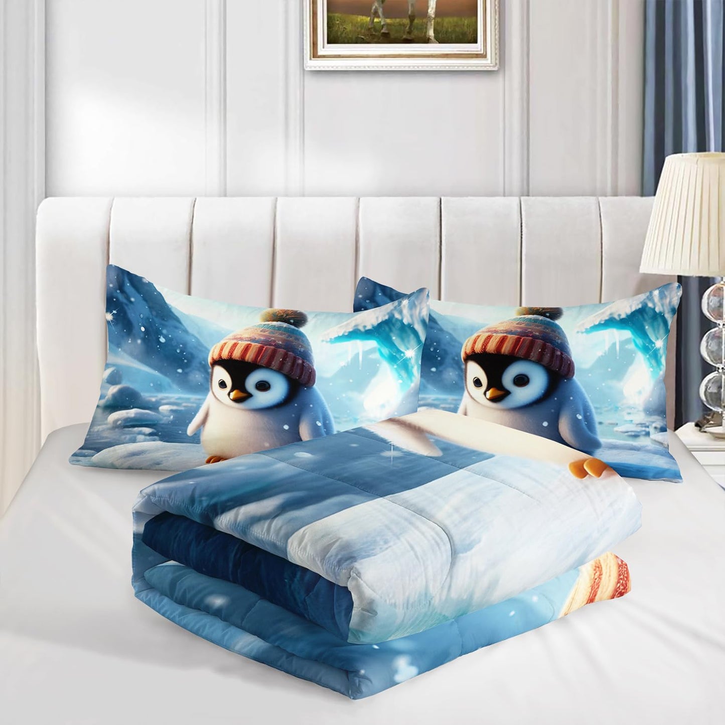 Kawaii Blue Penguin Comforter Set for Boys Kids,3 Pieces Cartoon Ice Penguin Bedding Set Queen Size Cute Penguin Lightweight Down Alternative Comforter with 1 Comforter 2 Pillowcase All Seasons