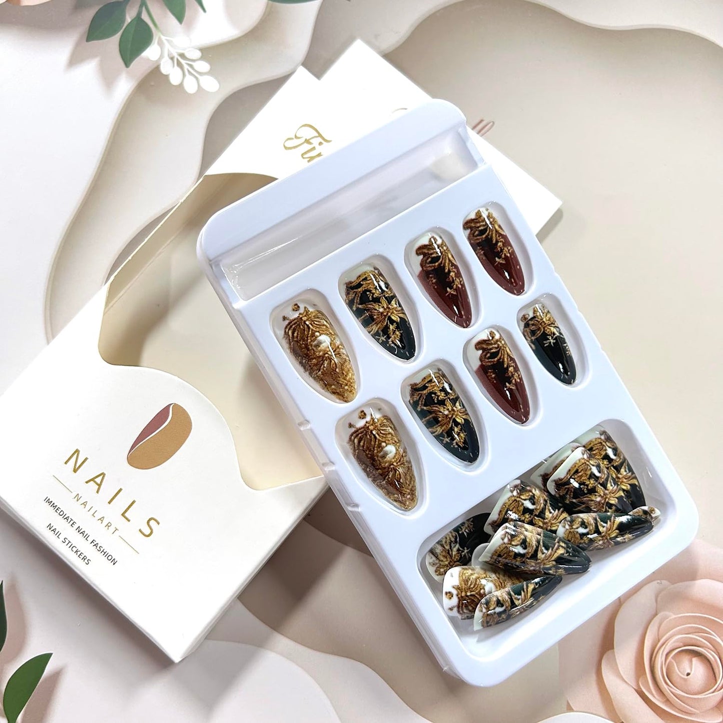 LOPMNGHT Almond Tip Press on Nails Medium Length Gold Flower Pattern Design Black Golden Acrylic False Nail Full Cover Glossy Artificial Fingernails Press Ons Almond Gel Stick on Nail for Women 24Pcs