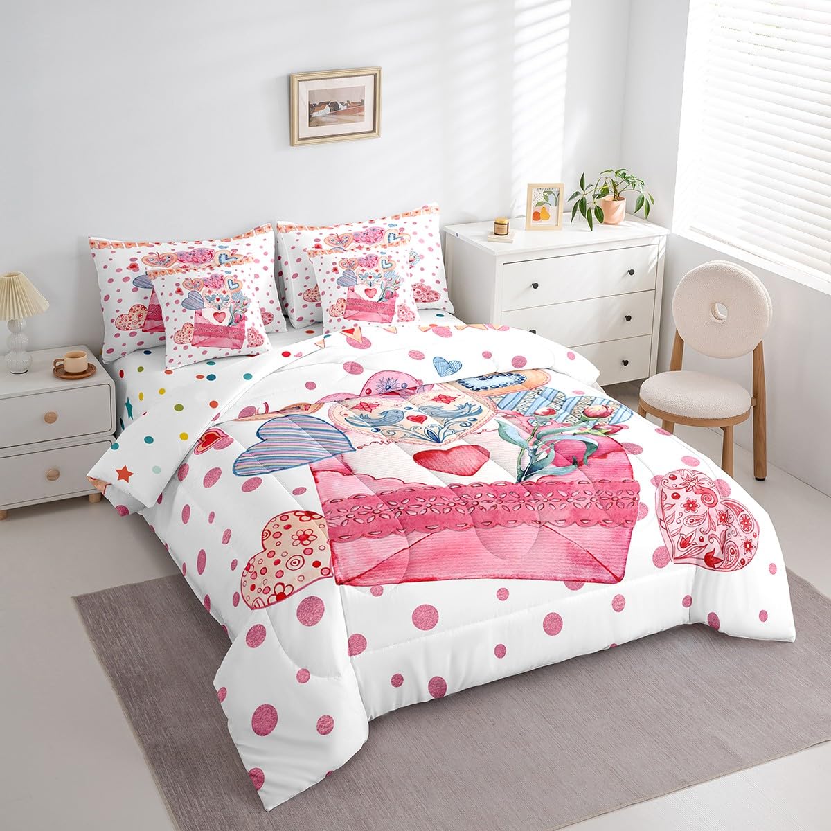 Feelyou Girls Like Cartoon Cute 7 Piece Bedding Set Queen Size Heart-Shaped Design Bed in a Bag for Adult Pink Envelope Comforter Set with Sheets Pink Polka Dot Room Decor Romantic Bed Set