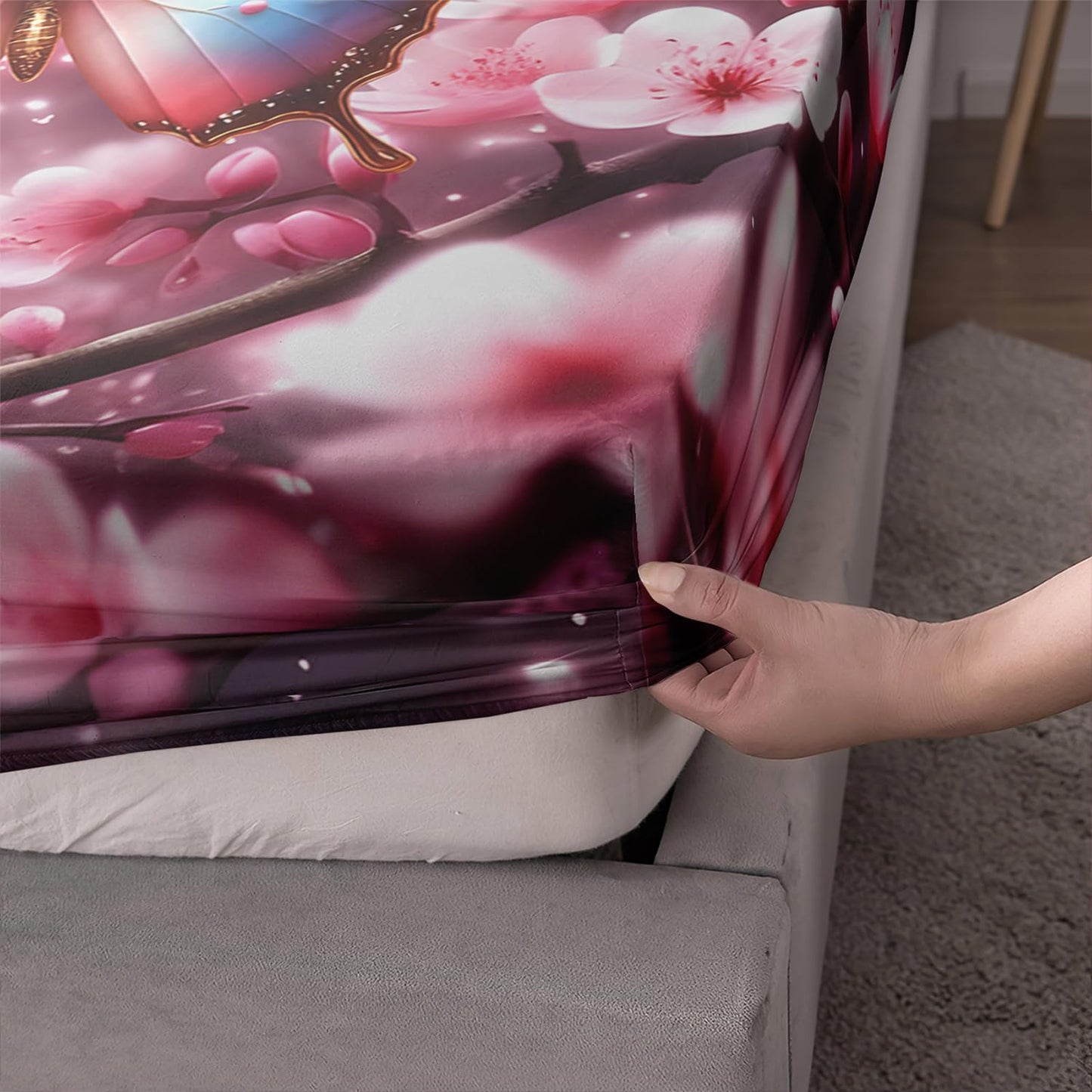 AILONEN Butterfly Butterfly Fitted Sheet Set for Girls,Pink Cherry Blossoms Butterflies Bedding Set Gifts Twin XL Size,Romantic Moments Bed Sheet Set for Cat Lovers,1 Sheet Set + 2 Pillowcase