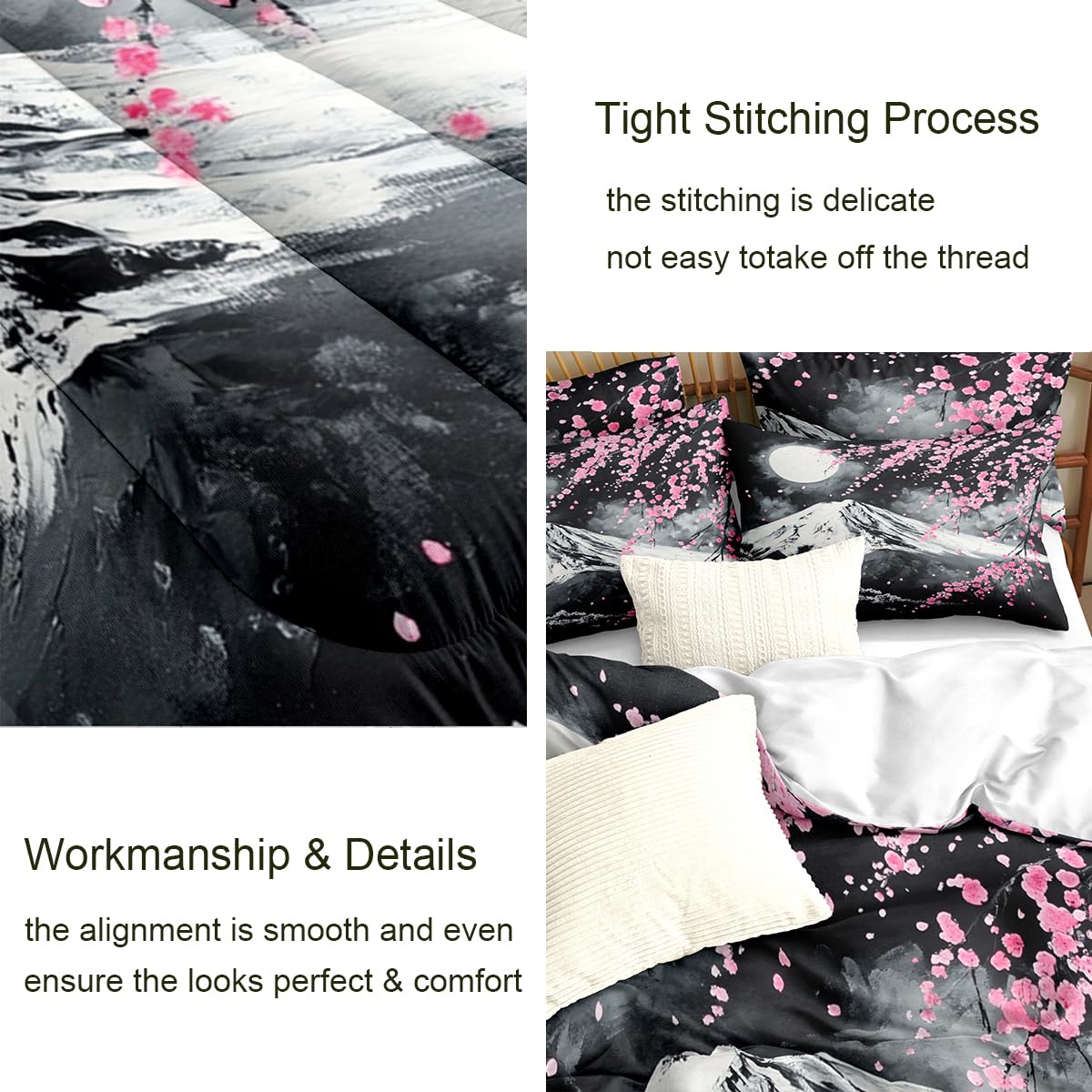 CCoutueChen Japanese Cherry Blossom Comforter Set Queen Grey Pink Floral Bedding Set for Japan Decor Mount Fuji Bedding Soft Lightweight Comforter Sets with 2 Pillowcases