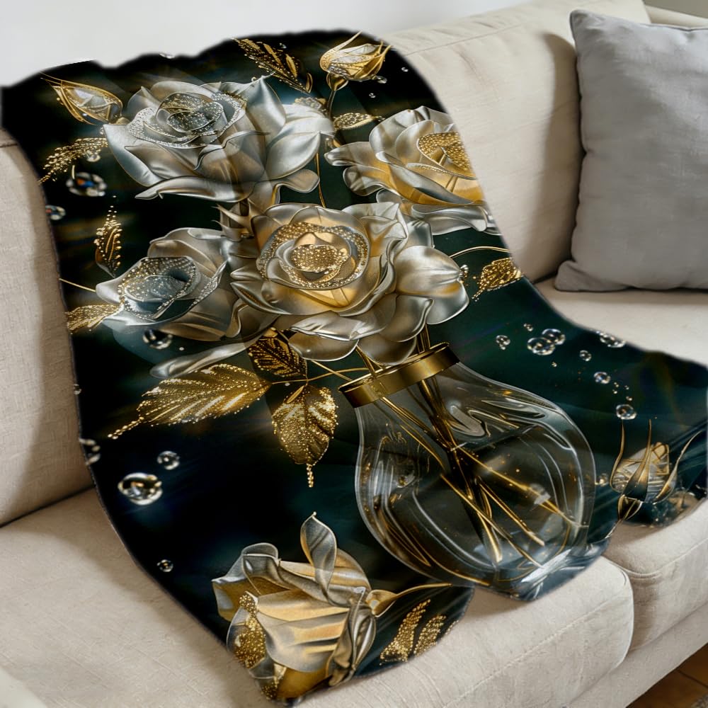 ZHOUSHUTONG Gold Silver Rose Floral Flannel Throw Blanket, Soft Cozy Warm Plush Blankets for Couch Bed Sofa, Elegant Flower Print Decorative Blanket, Gift for Women Girls 49"x59"