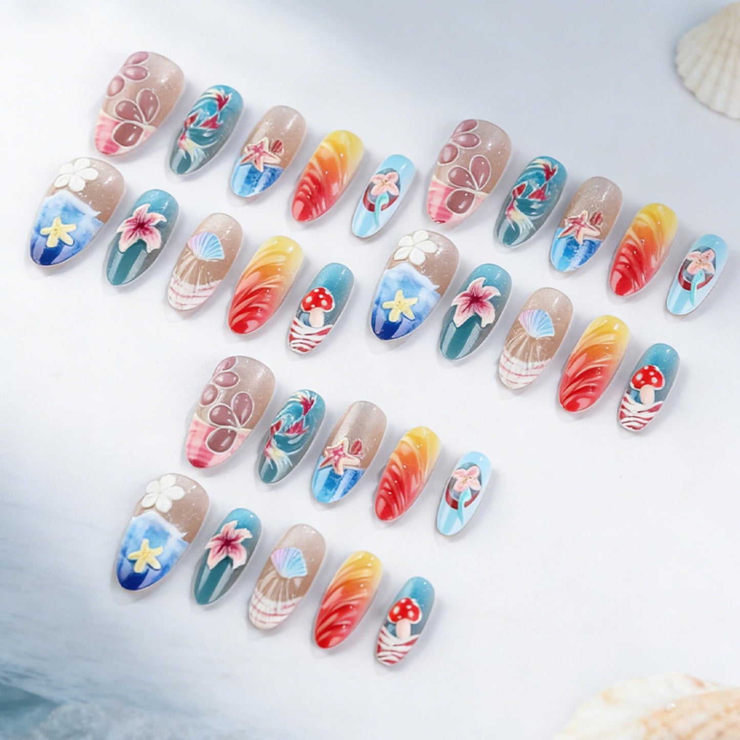 octoswave Long Almond Press on Nails 3D Summer Beach Fake Nails Ocean Wave Starfish Shell False Nails for Women Vacation Party Manicure 30Pcs