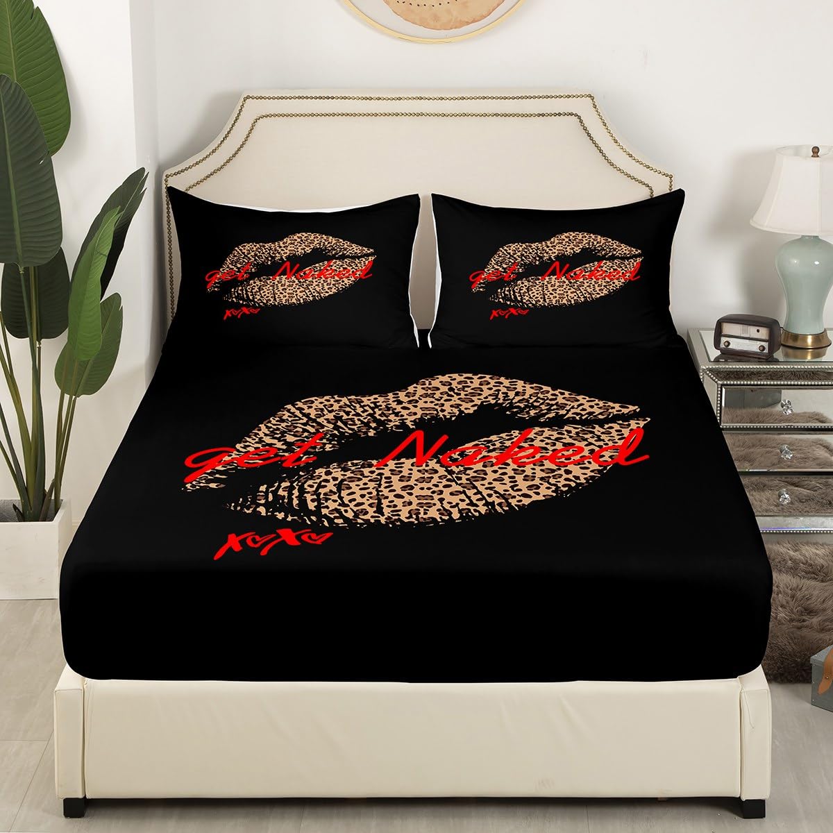 Get Naked Bed Sheet Set Sexy Leopard Print Lips Fitted Sheet & Pillow Sham Set Funny Quotes Kiss Bedding Set Charming Girls Lady Woman Bedroom Decor Black Red Brown Bed Cover No Flat Sheet Full Size