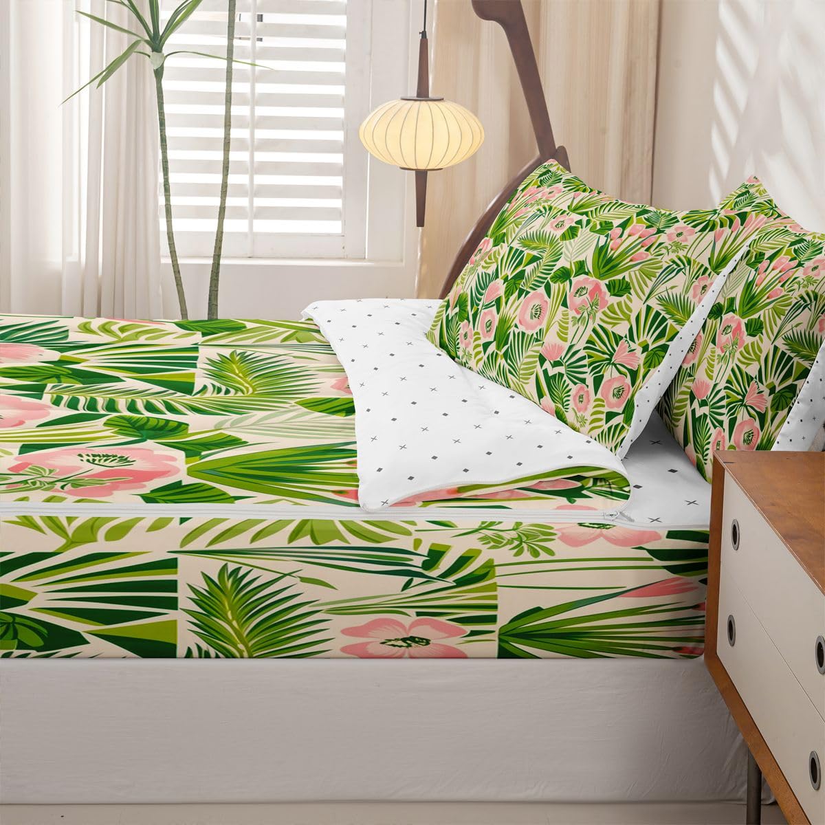 jejeloiu Floral Zipper Bedding Sets for Kids Boys Girls Pink Green Flowers Twin Comforter Set with Fitted Sheet Coloful Botanical Bedroom Decor Cute Microfiber with 2 Pillow Cases
