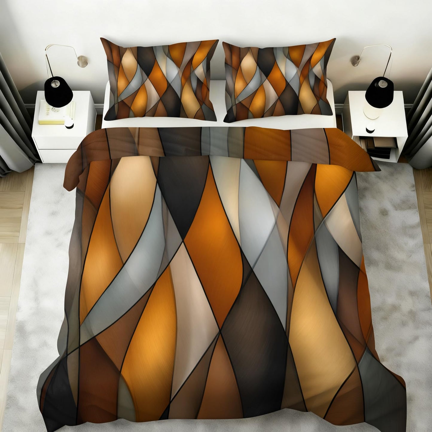 ZAOMIR Orange Black Geometric Stripes Duvet Cover Twin Size, Mid Century Modern Geometrics Lines Bedding Set 3 Piece, Ombre Abstract Striped Patterned Comforter Cover with Zipper, 2 Pillowcases