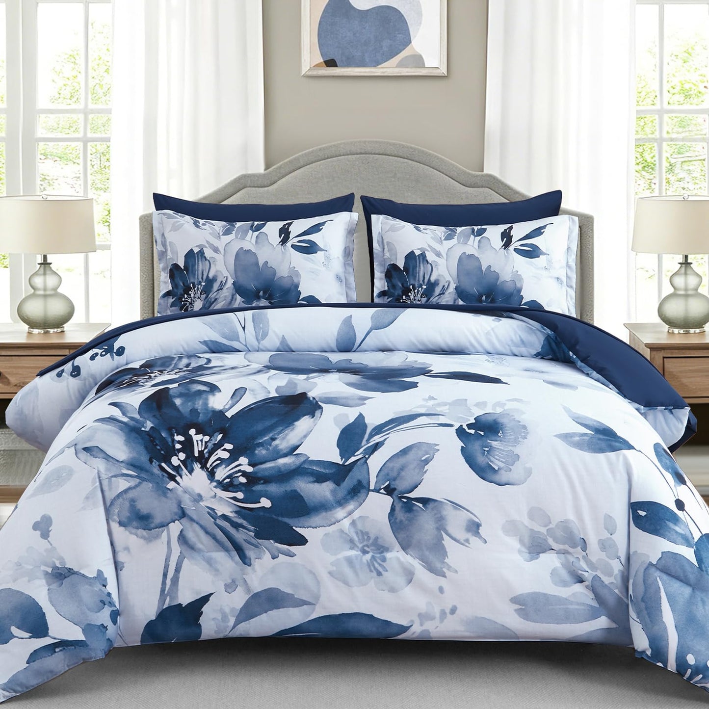 Luxudecor Floral Comforter Set Queen Size, 7 Piece Blue Flower Set Bed in a Bag,Soft Microfiber Farmhouse Shabby Chic Bedding Set for All Seasons(90"x90")