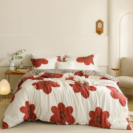 CLOTHKNOW Rust Sunflower Queen Comforter Set Floral Bedding Comforter Sets Brown Plaid Queen Comforter All Season