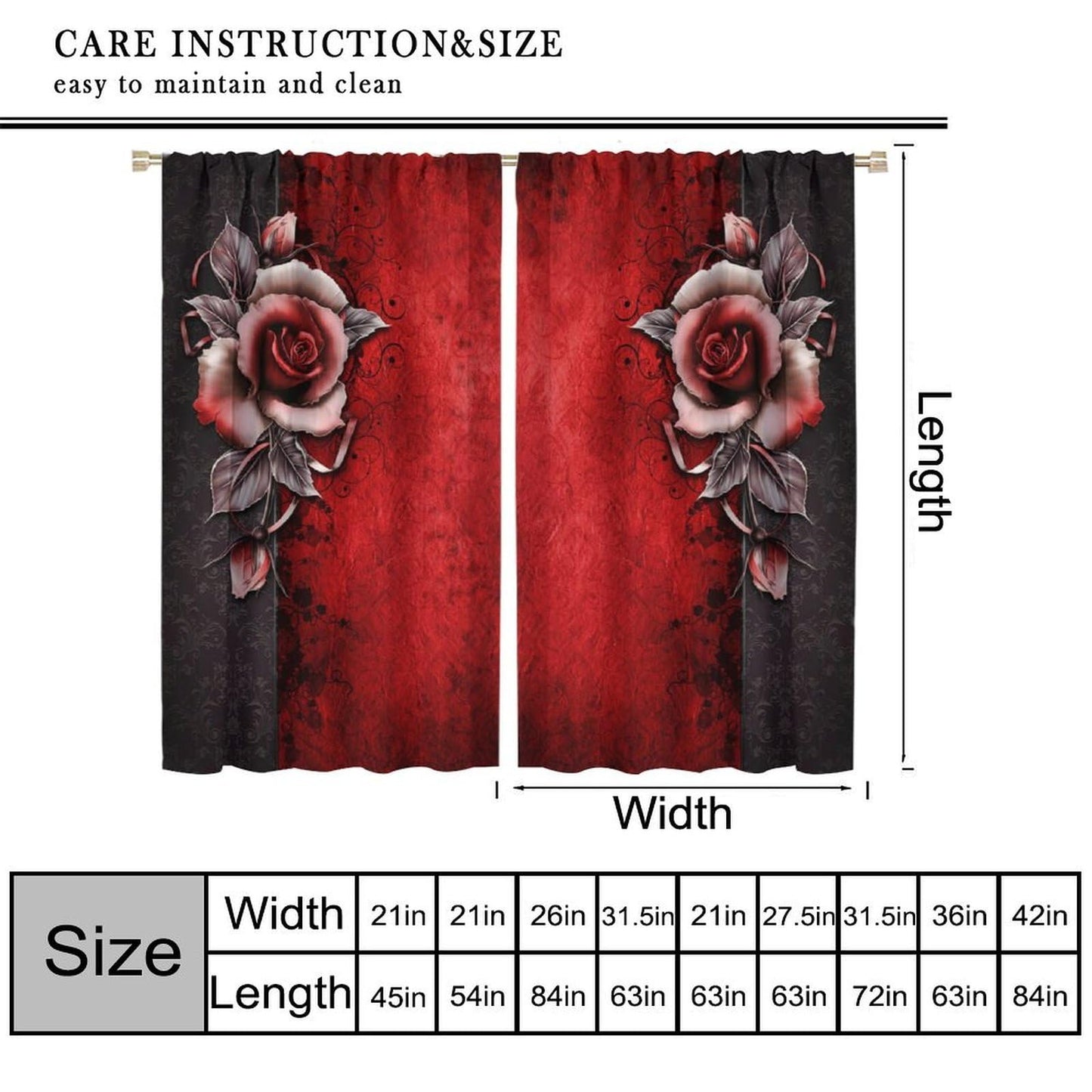 GoDazzling Retro Gothic Dream Rose Curtains, Red Rose Flower Abstract Rod Pocket Window Drapes, for Bedroom Living Room 41" W X 45" L (No Blackout)