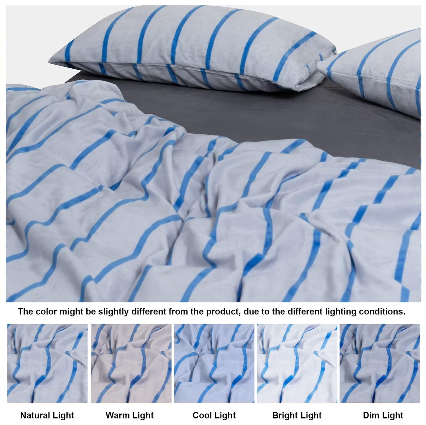 Bedbay Blue Striped Comforter Set King Size Microplush Fleece Bedding Set Ultra Soft & Warm Flannel Velvet Comforter Set 3 Pcs Blue White Stripes Pattern King Bed Set for All Seasons
