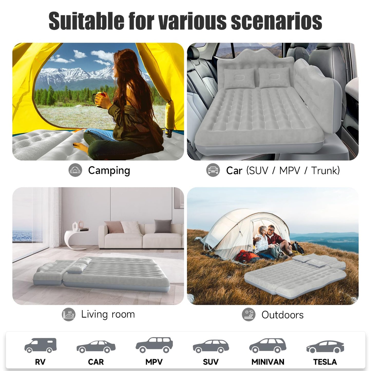DikaSun Car Air Mattress, Inflatable SUV Truck Air Mattress Back Seat Camping Bed Thickened Car Sleeping Pad for Travel, Car Bed SUV Mattress with Air Pump 2 Pillows