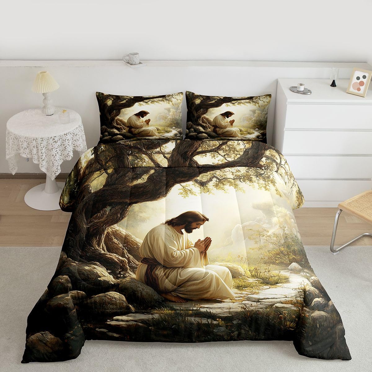 God Praying Kids Comforter Set Twin Size,Spiritual Western Bible Verse Bedding Set Boys Girls Room Decor,The Garden Of Gethsemane Quilt Comforter,Gray Yellow Duvet Set Bedroom Quilt Set,1 Pillowcase