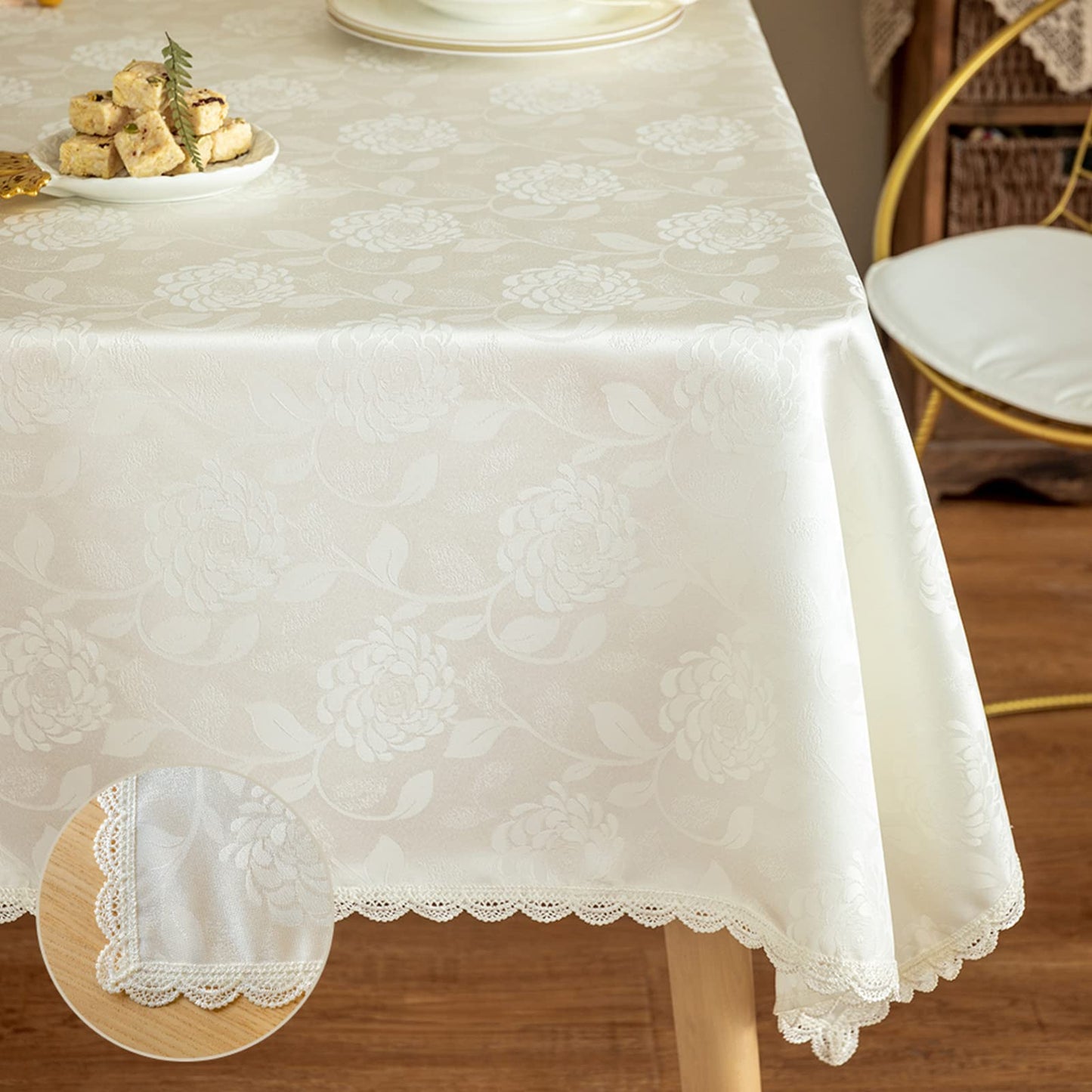 GLORY SEASON Textured Tablecloth Waterproof Spillproof Lace Trim Rectangle Damask Fabric Table Cloth for Wedding Kitchen Dinning Tabletop Decoration,Oblong Table Cover 55 x 86 Inch, Ivory White