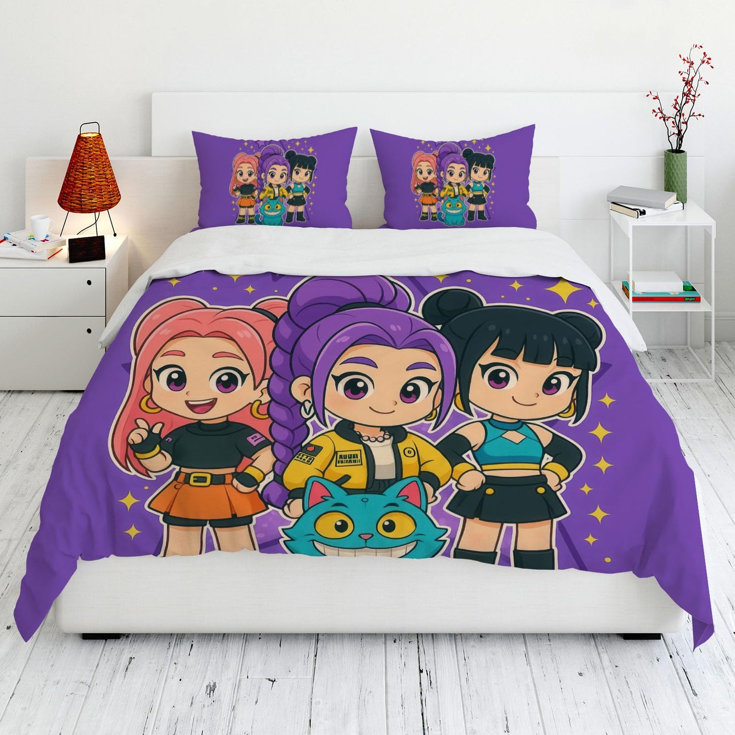Allenjoy Cute Anime Purple Korean Hunter Comforter Set with 1 Pillowcase for Daughter Teens Fans Girls Women Bedroom Nursery Bedding Room Decor, Machine Washable Durable, Twin Size