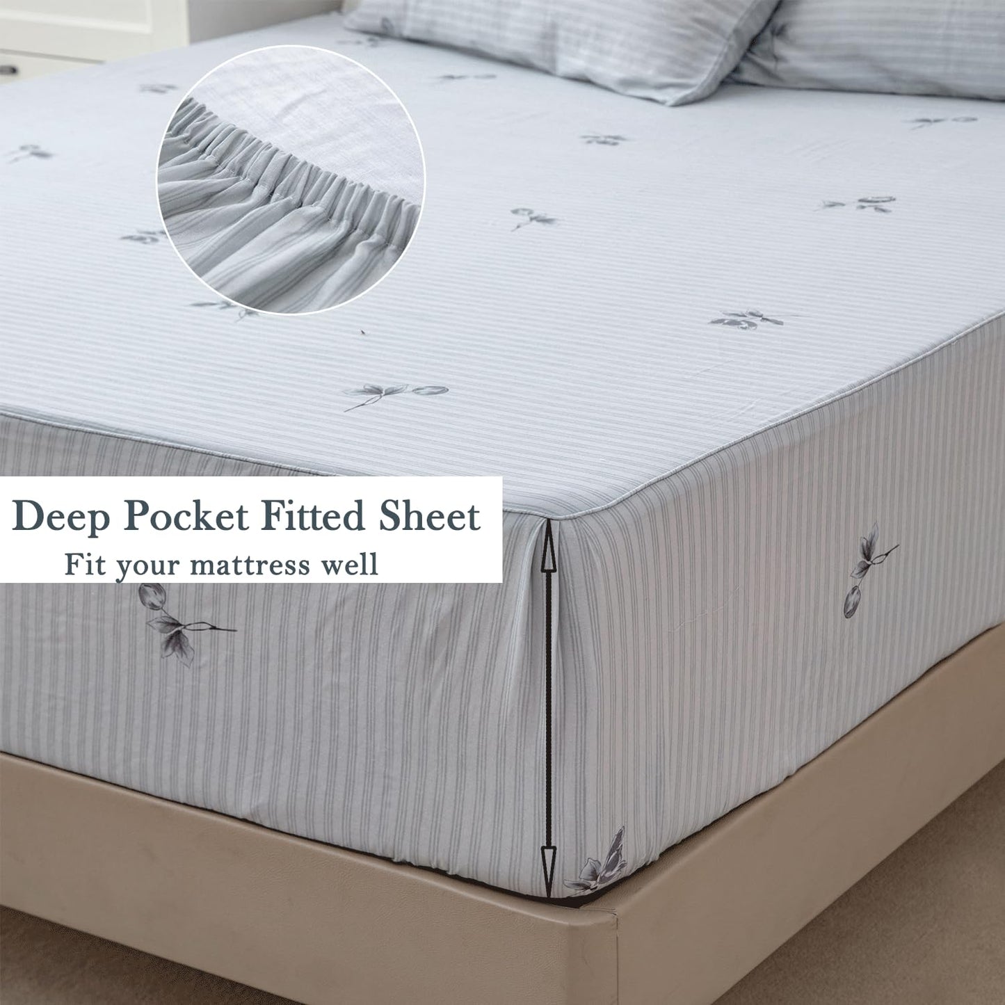 FADFAY 100% Cotton Double Gauze Muslin Sheet Set, Gray Striped Floral Bed Sheets with Bow Tie Detail, Ultra Soft Breathable Cooling Sheets, Deep Pocket Luxury 4 Piece Bedding Set，Twin