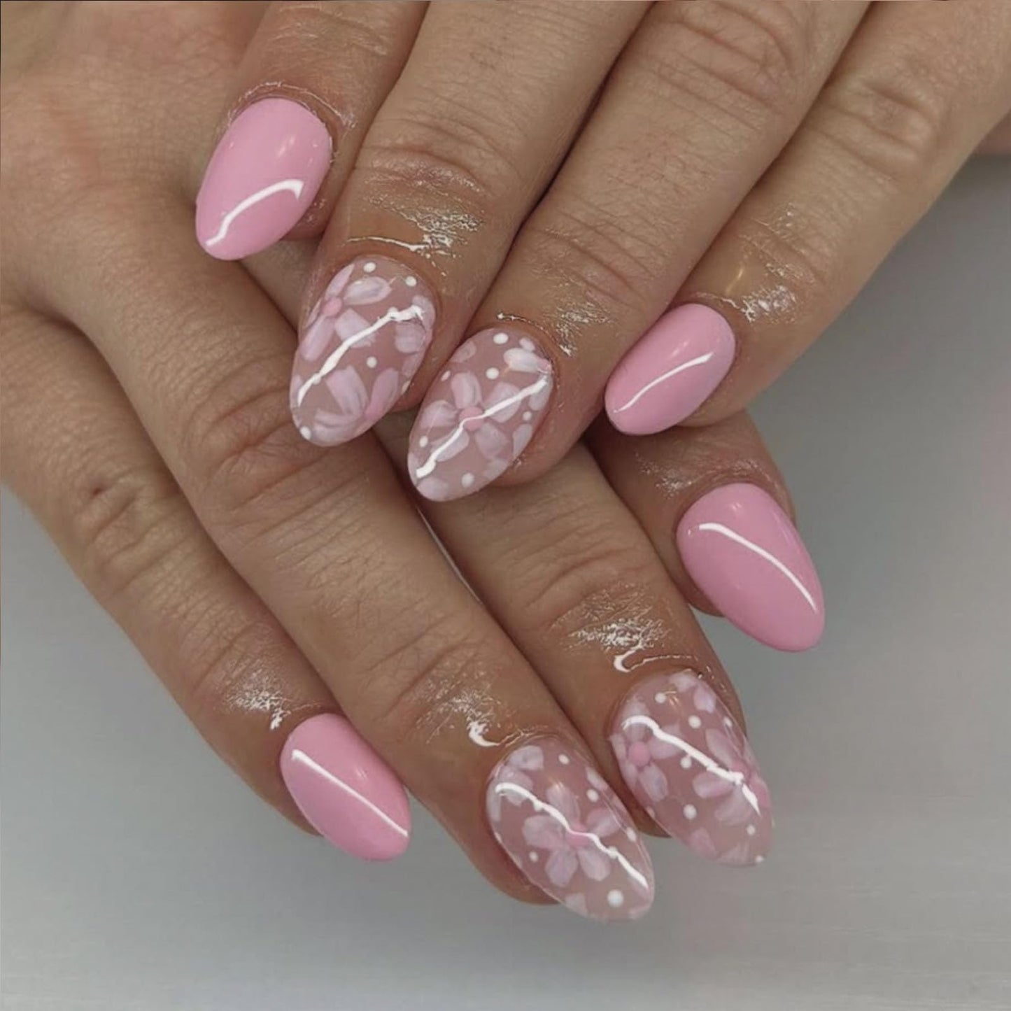 Almond Press on Nails Short Fake Nails Pink Flower Polka Dot Design Stick on Nails Summer Full Cover Reusable False Nail for Women 24Pcs