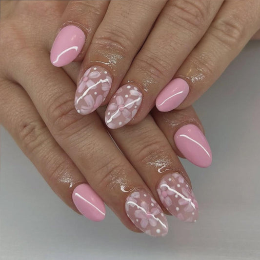 Almond Press on Nails Short Fake Nails Pink Flower Polka Dot Design Stick on Nails Summer Full Cover Reusable False Nail for Women 24Pcs