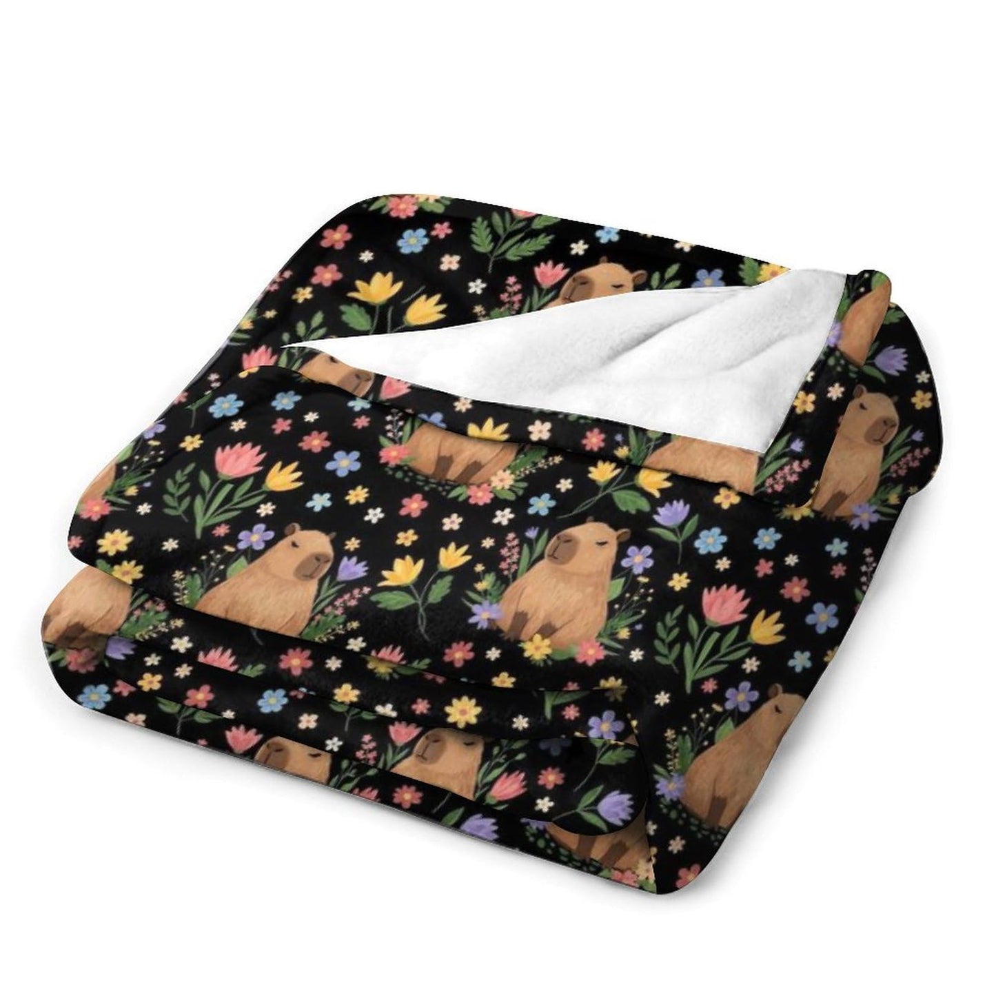 Soft Throw Blanket Cozy Warm Blanket for Bed, Sofa and Couch, Fashion Home Decor Bedspread Compatible with Floral Flowers Cute Capybara Black