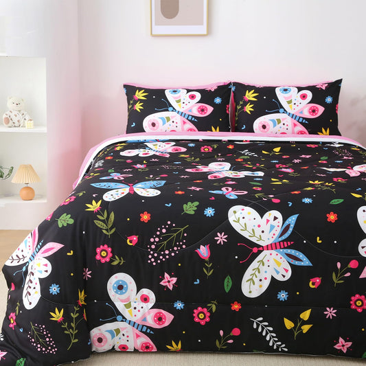 Jameswish Kids Butterfly Comforter Set Full Size for Girls Black 7 Piece Bed in A Bag Colorful Flowers Leaves Bedding Set for Teens Super Soft All Season
