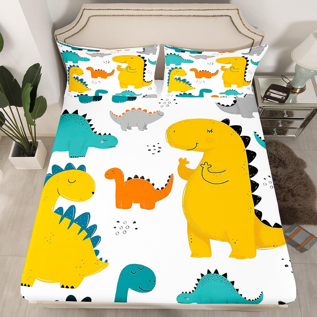 Cartoon Dinosaur Kids Fitted Sheet Cute 3D Digital Print Bed Sheet Set Decor Jungle Dino Bedding Set Wild Animal Pattern Yellow Blue Bed Cover Bedroom Quilt Cover 2Pcs Twin