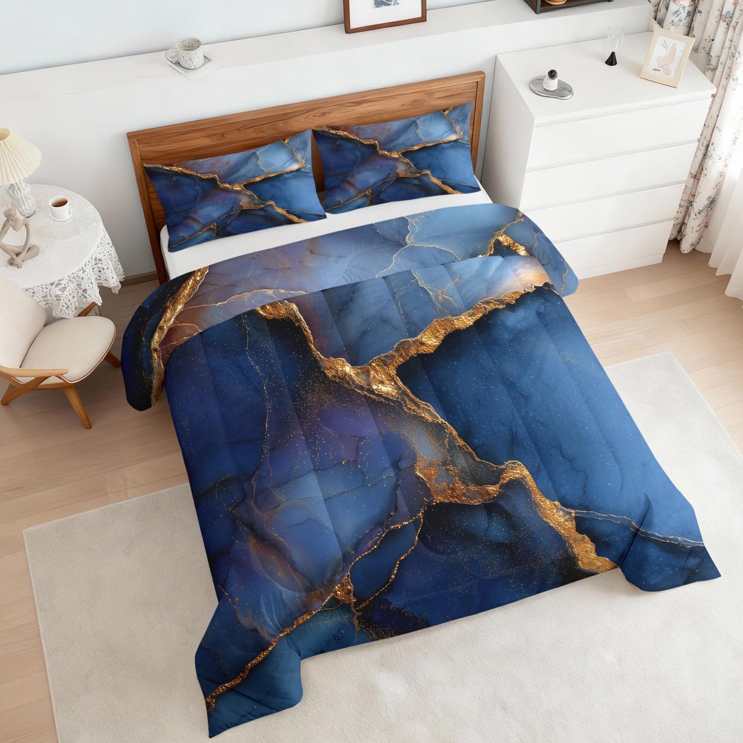 Blue Marble Comforter Set King Size 3Pc, Modern Abstract Pattern Down Alternative Bed Comforter, 2 Pillow Shams, Soft All Season Bedding, Blue Marble Bedroom Decor AF66