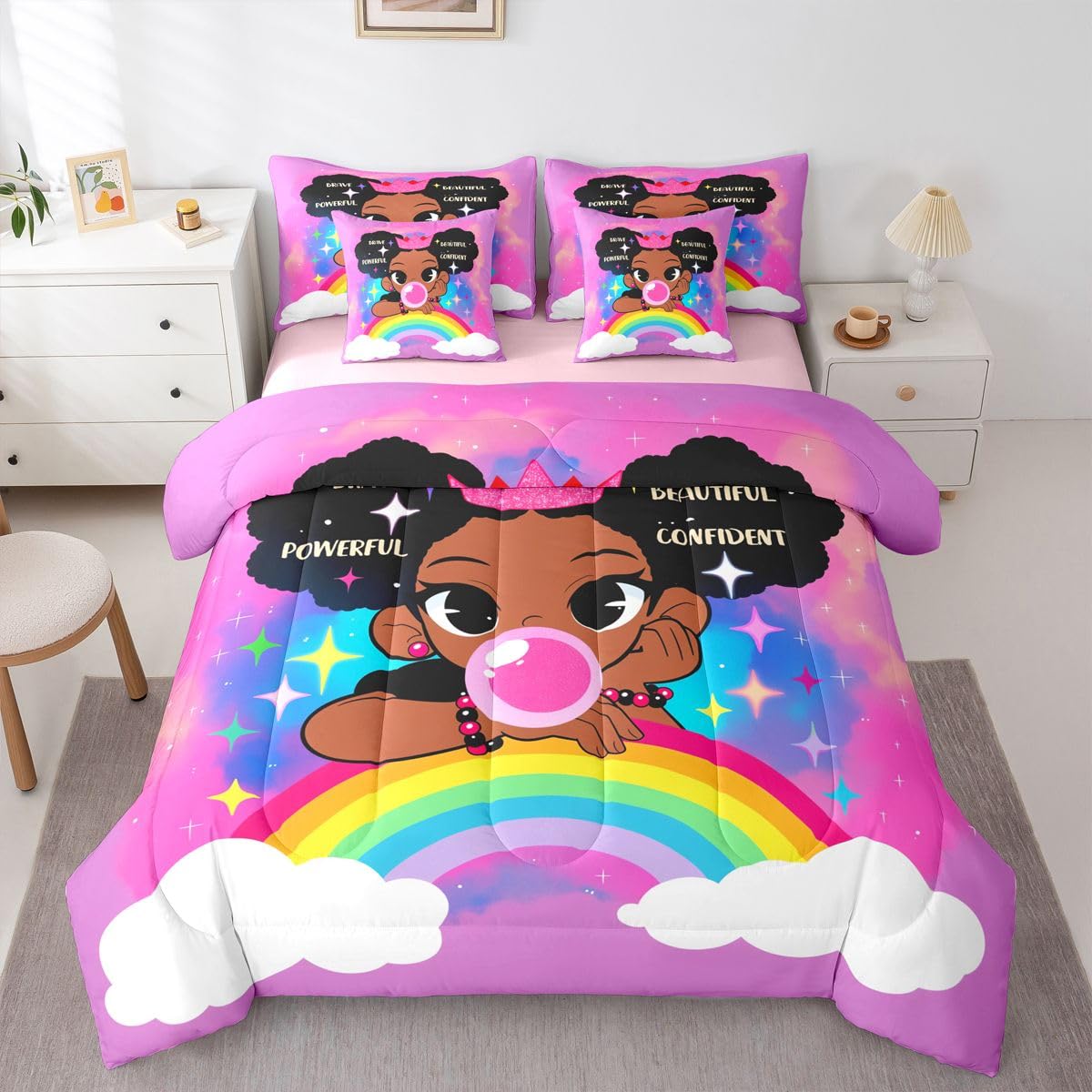 Erosebridal Black Girls Magic Queen Bedding Set Coloful Rainbow Comforter Set with Flat and Fitted Sheet Teen Kids Trendy Glitter Stars Print 7-Piece Bed in a Bag Empowering Quote Quilt Sets