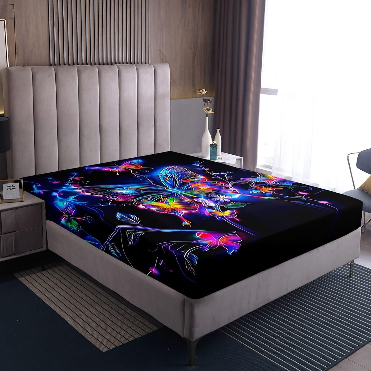 Feelyou Cute Butterfly Fitted Sheet with 1 Pillowcase Twin Size Glitter Bed Sheets Set 16" Deep Pocket Boys Girls Purple Butterfly Bedding Animals Teens Bedroom Decor