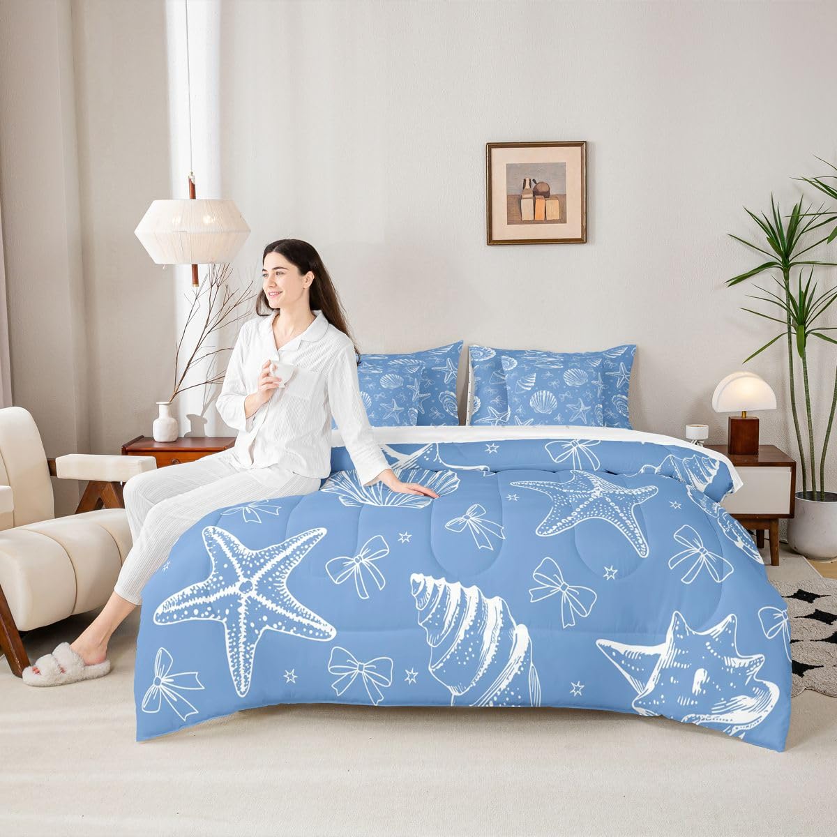 Feelyou Starfish Beach Comforter Set King Size 7 Pieces Blue Bow Shell Bedding Set for Kids Boys Girls Coastal Beach Ocean Bed in a Bag with Comforter, Sheets, Pillowcases, Cushion Covers