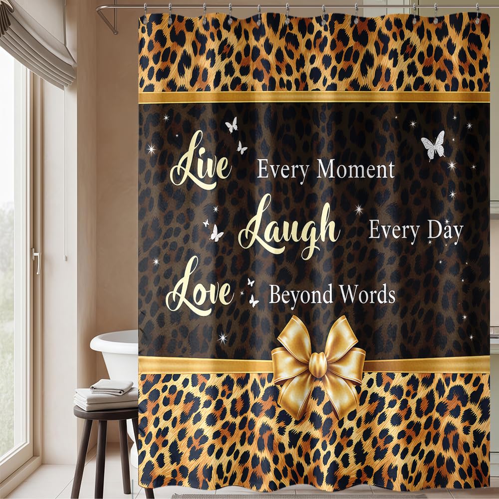 Waitaikong 4Pcs Live Laugh Love Leopard Print Shower Curtain Set, Glam Animal Print with Gold Bow Motivational Quote Bathroom Decor, Waterproof Fabric Bath Set with 12 Stainless Steel Hooks, 72x72