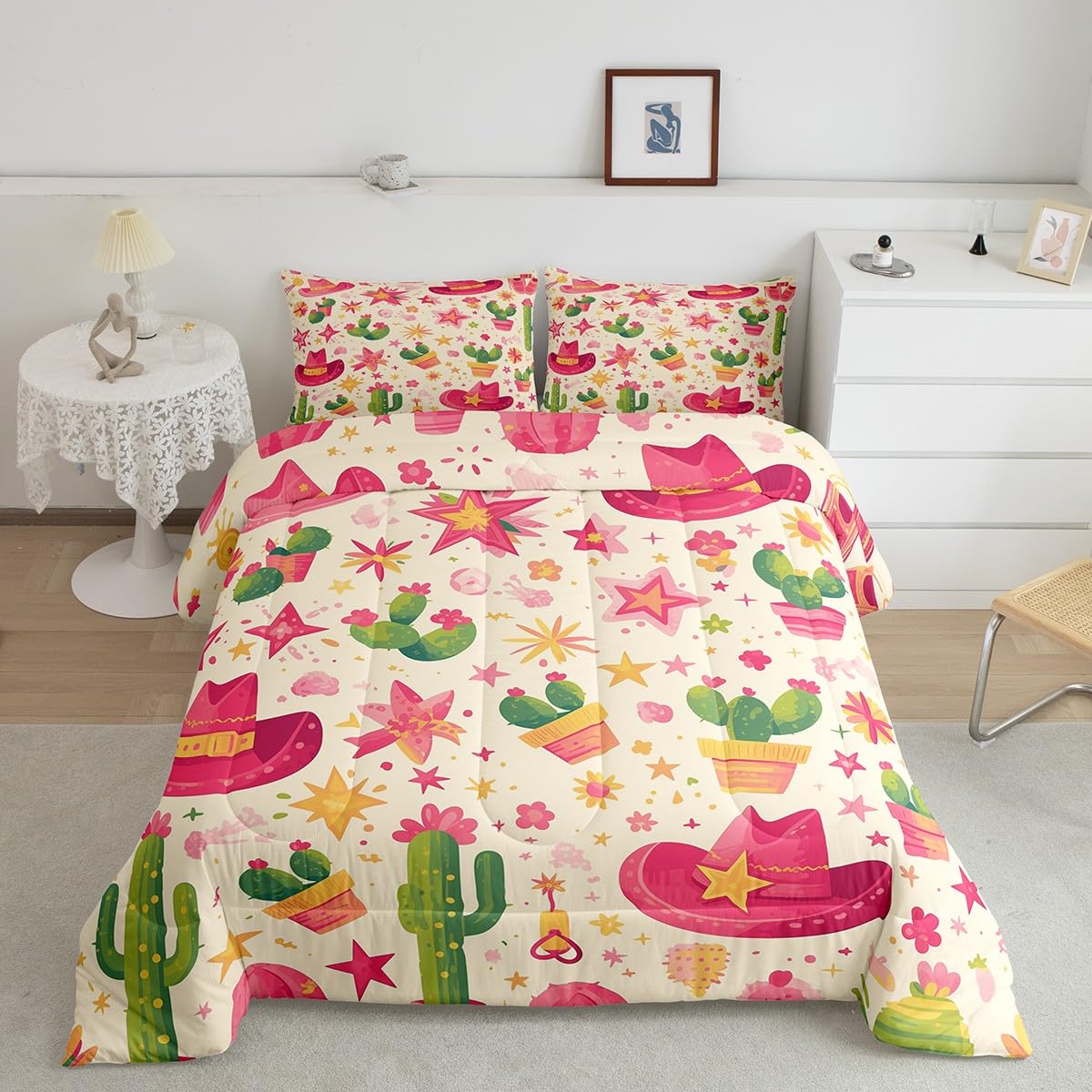 jejeloiu Girls Pink Western Decor Comforter Set Wild West Cowgirl Hat Boots Bedding Set Full Size for Kids Boys Teens Rodeo Cowgirl Style Comforter Grunge Design Duvet Set with 2 Pillow Case