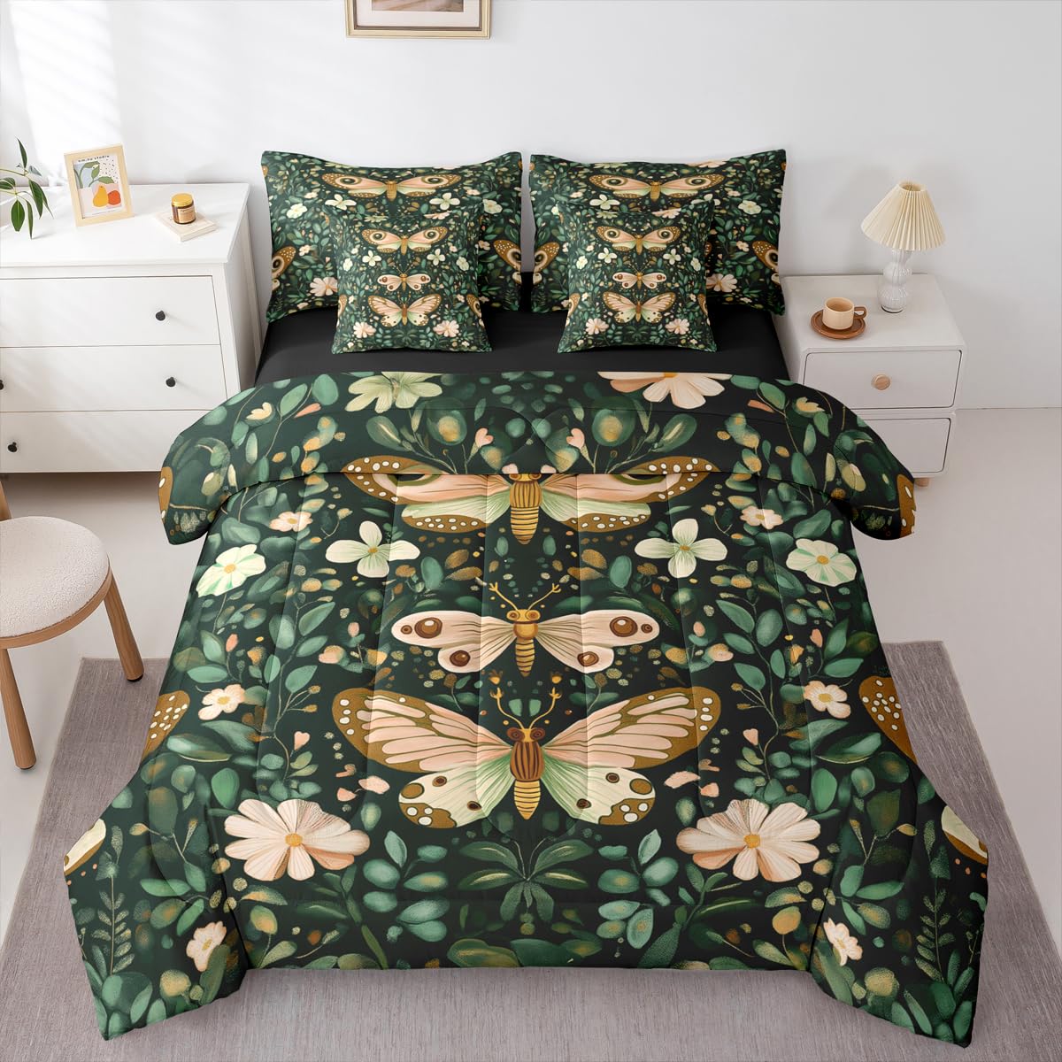 Feelyou Girls Butterfly Comforter Set with Sheets 7 Piece Queen Size Botanical Leaves Bedding Set for Kids Teens Beautiful Flower Bed in a Bag Room Decor Soft Lightweight Microfiber