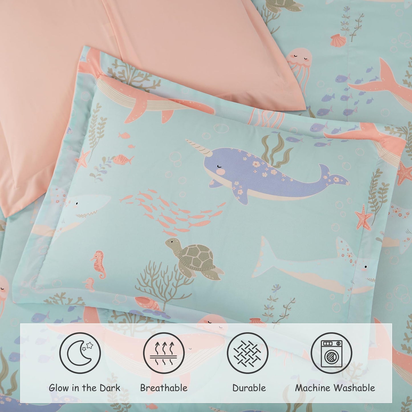 Wink Deer Twin Comforter Set for Girls-3 Pieces Ocean Animals Glow in the Dark Twin Bedding Sets for Kids,1 Comforter,1 Sham and 1 Decor Pillow