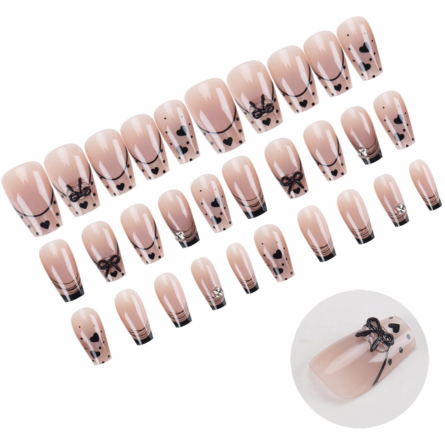 MERVF Press on Nails Medium Coffin, Black Heart French Tip Fake Nails Cat Eye Glitter Design Glue ons 3D Bow Rhinestones Acrylic Nail Glossy 30pcs