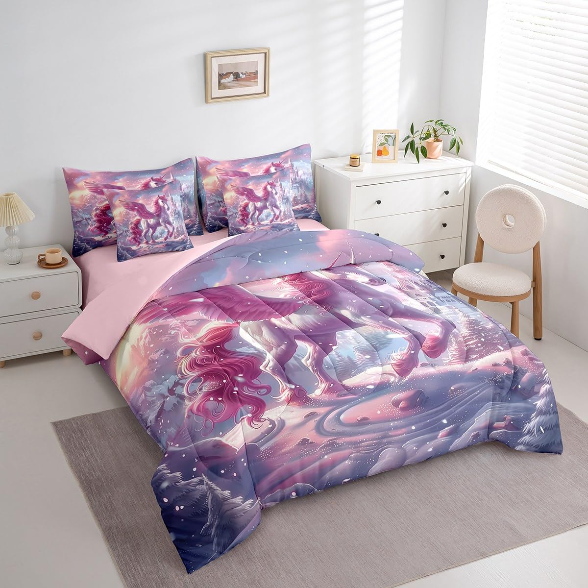 Erosebridal Pink Cartoon Unicorn Bedding Set 7Pcs,Dreamy Castle Comforter Set King for Kids Girls,Kawaii White Horse Quilt,Snow Mountain Tree Botanical Bed in a Bag