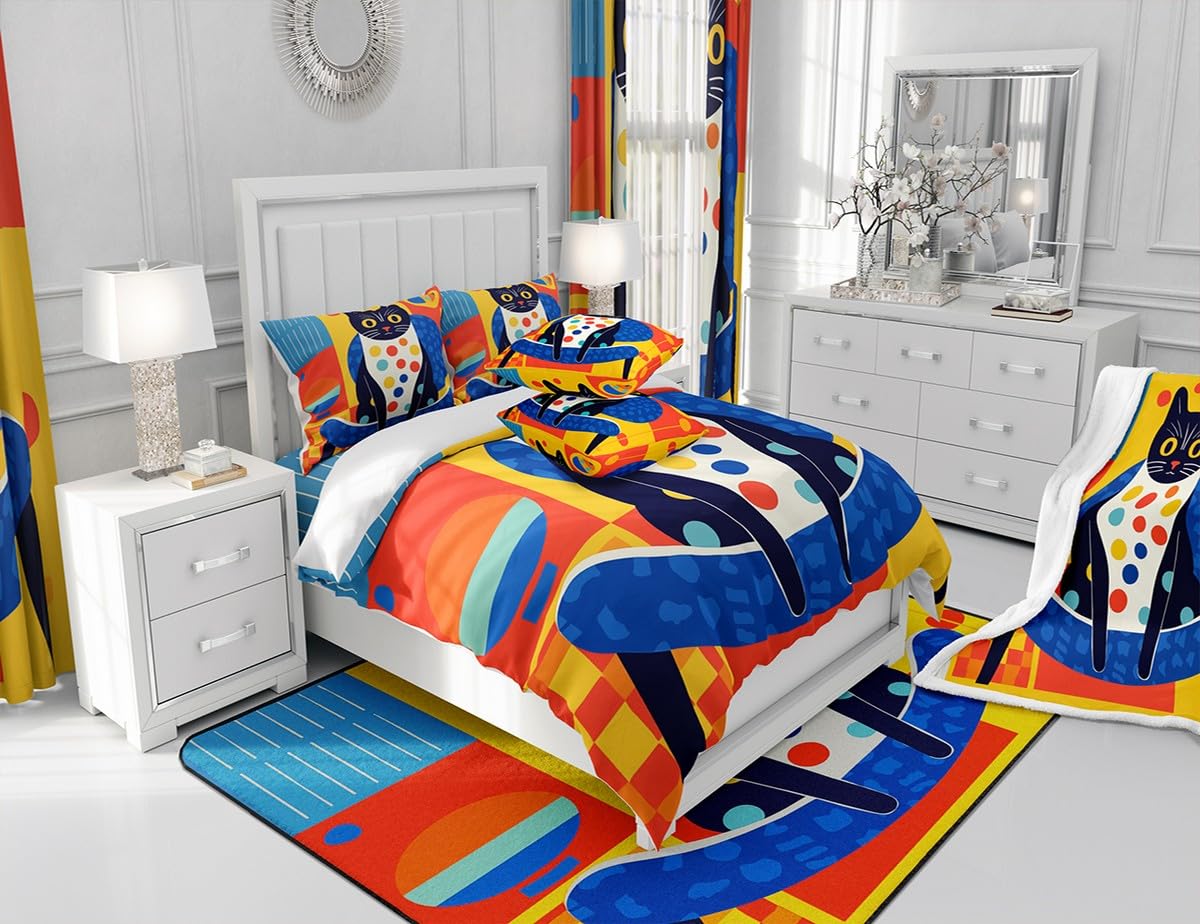 Funny Cat Comforter Set Queen Size,Graffiti Funny 3D Animal Theme Bedding Set for Kids Girls Boys Room Decor,Blue and Yellow Plaid Print Quilt Set 3Pcs,Cartoon Pet Animals Duvet Insert,2 Pillowcases