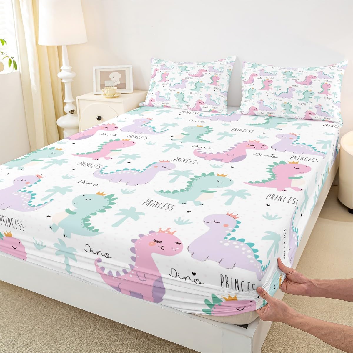 Dinosaur Fitted Sheet Pink Purple Dinos Bedding Set For Kids Girls Cartoon Bed Cover Jungle Safari Lovely Cute Animals Bed Sets Child Kawaii Room Decor With 1 Pillow Case Twin Size No Top Flat Sheet