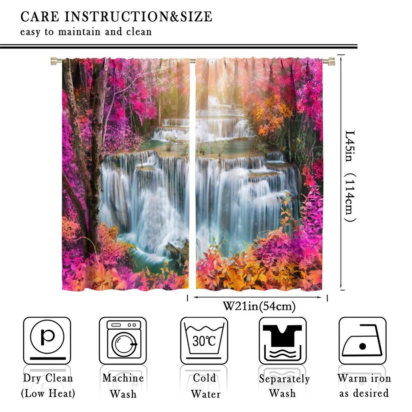 Focusbrite Waterfall Curtains，Spring Nature Theme Pink Floral Forest Landscape Scenery Pattern Waterproof Fabric Rod Pocket Window Drapes for Bedroom Living Room Cafe Set 2 Panels,42x45 Inches
