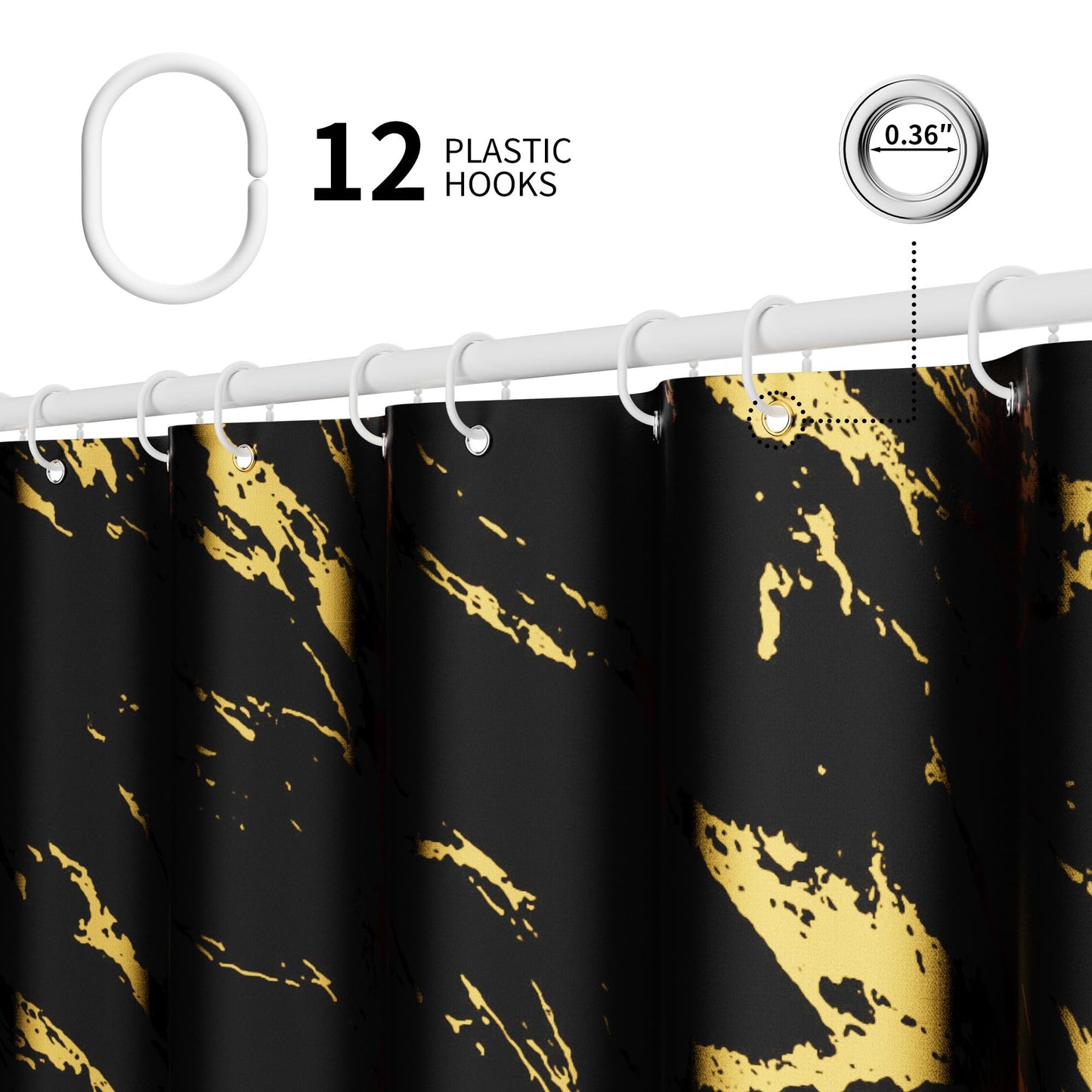 Yiwshcut Black and Gold Shower Curtain, Black Marble Shower Curtain, Modern Fabric Shower Curtains for Bathroom, Black and Gold Texture Shower Curtain Set with Hooks 72x72