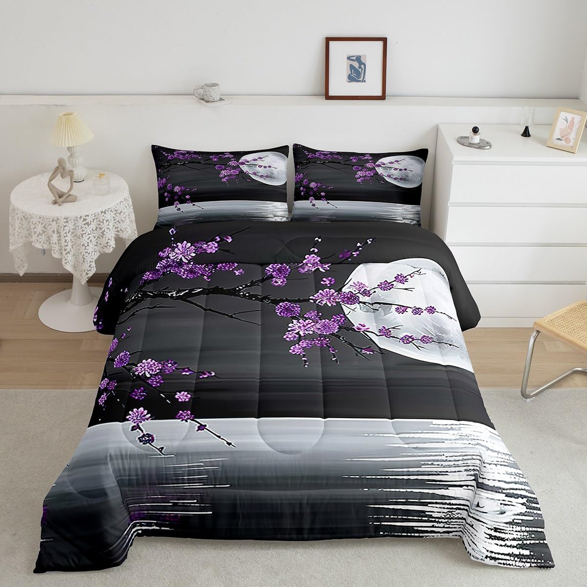 Manfei Moon Lake Twin Size Comforter Set,Purple Blossom Flower Duvet Set Soft Bed Collection,Romantic Japanese Style Bedding Comforter for Boys Girls Bedroom,2 Pcs
