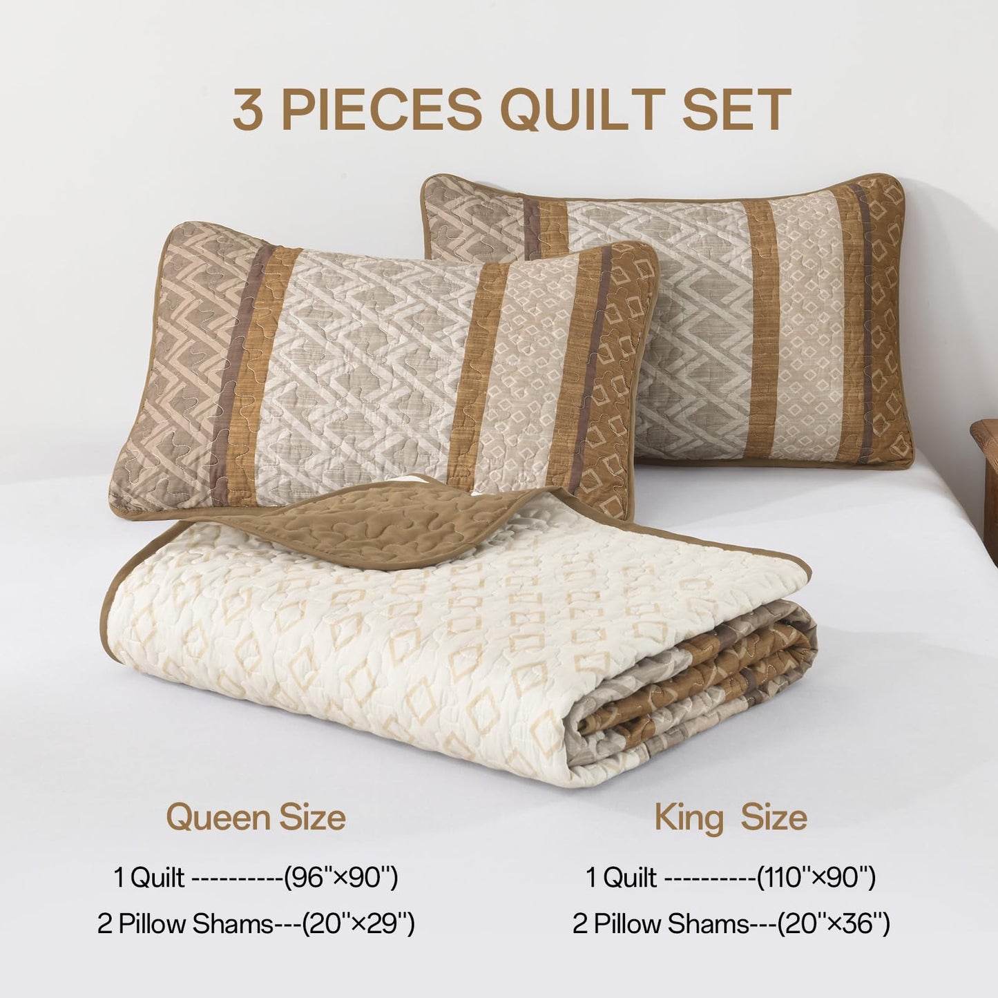 Dinjoy Boho Queen Quilt Set, Striped Bedspread Queen Size, Light Brown Bedding Sets 3 Pieces Micofiber Lightweight Quilts with 2 Pillow Shams Coverlet Bed Sets for Women Men 96''x90''