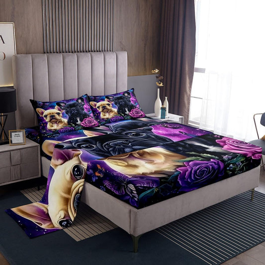 Castle Fairy Pug Dog Bed Sheets Full Size,Purple Rose Floral Bedding Set 4Pcs for Kids Girls Boys Teens Room Decor,Pet Animals Fitted Sheet Watercolor Starry Sky Galaxy Top Flat Sheet,2 Pillowcases