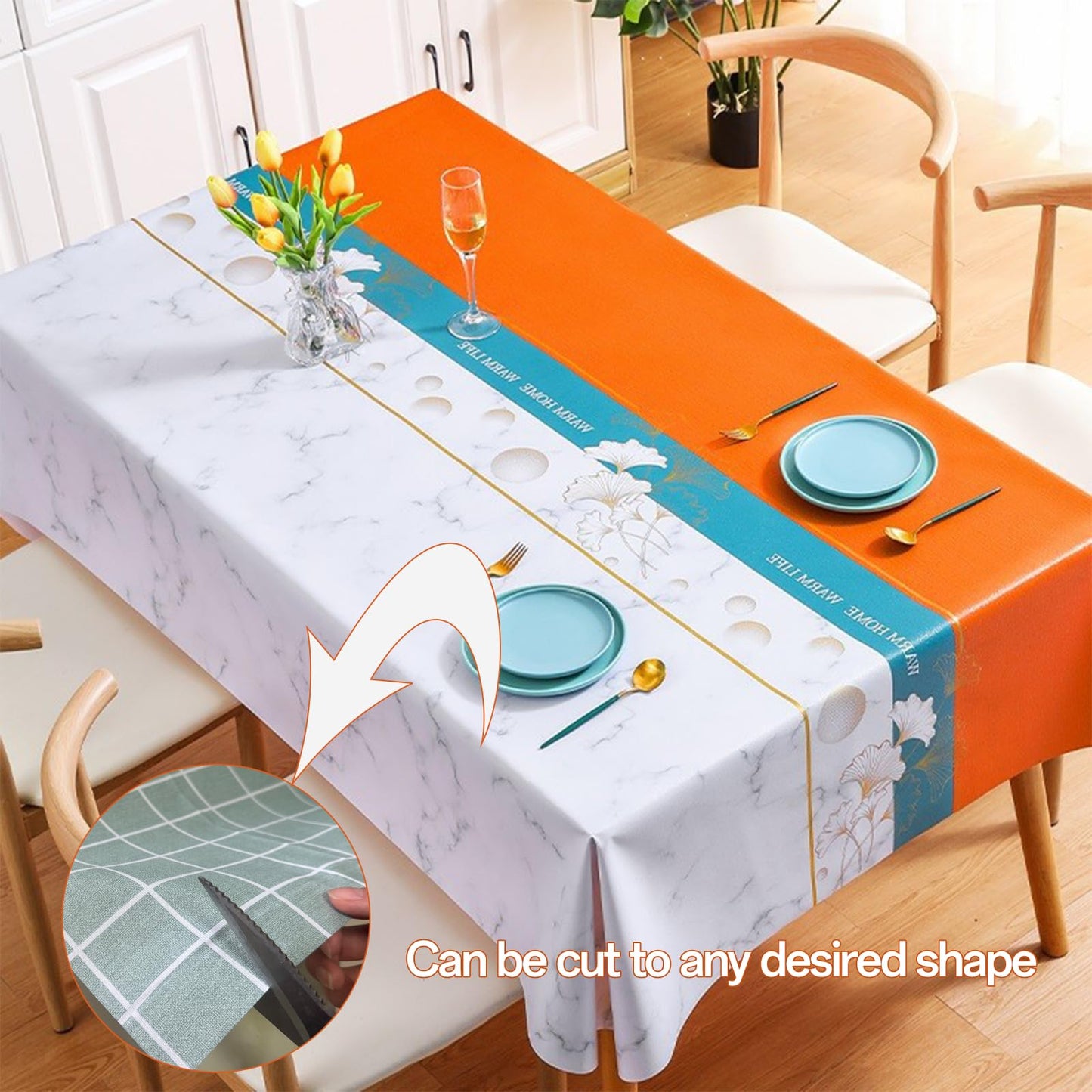 Qvthpv 55 * 70 inch Rectangle Tablecloth, Waterproof, oilproof and heatproof Functions，Just Wipe Gently and There's no Need for Washing for Dining Wedding and Outdoor (Ginkgo - Blue Orange)
