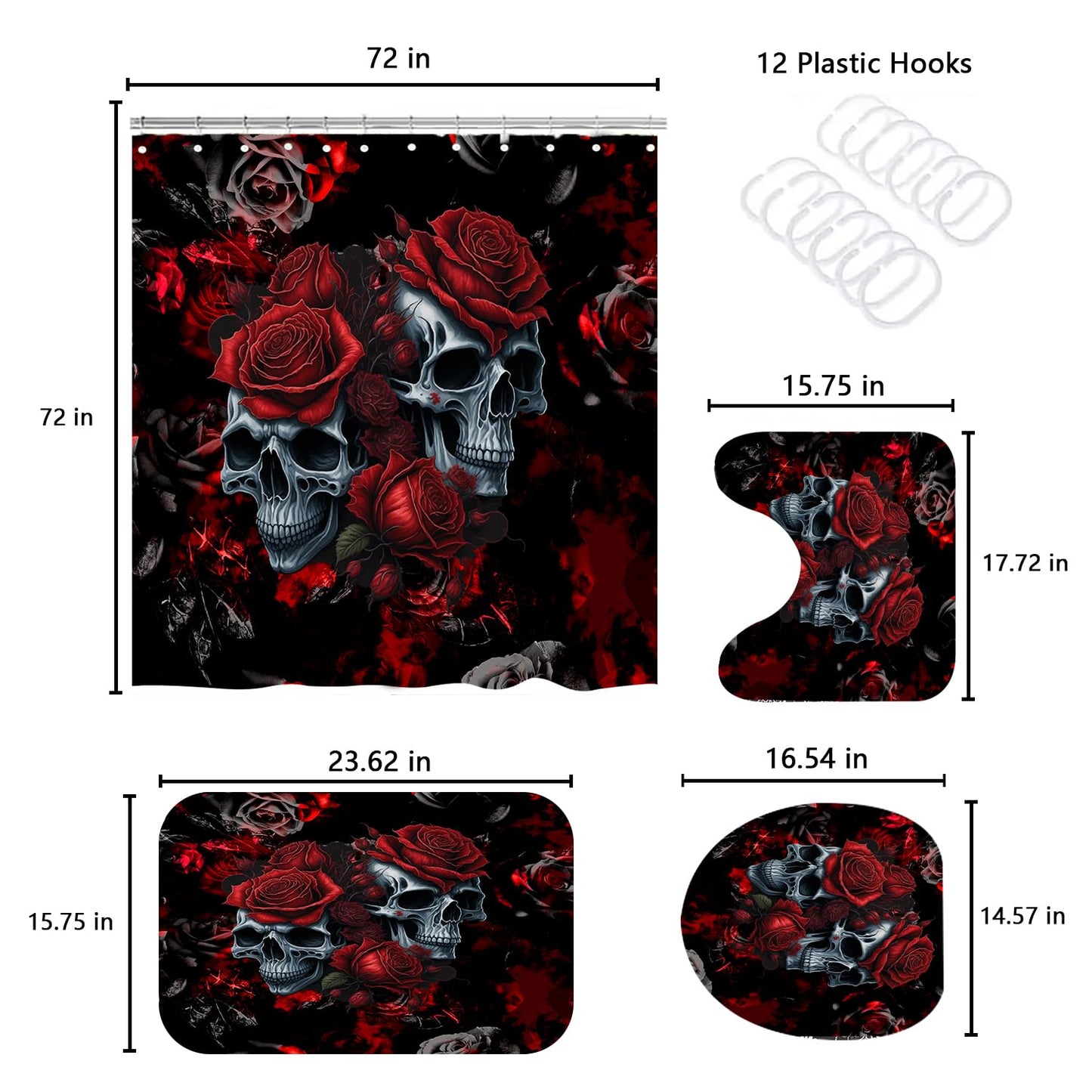 RinRinfam 4Pcs Skull Shower Curtain Set, Helloween Red Rose Skull Shower Curtain Set Non-Slip Rug,Toilet Lid Cover,U Shape Mat,Waterproof Bathroom Decor Sets with 12 Hooks,Red Black