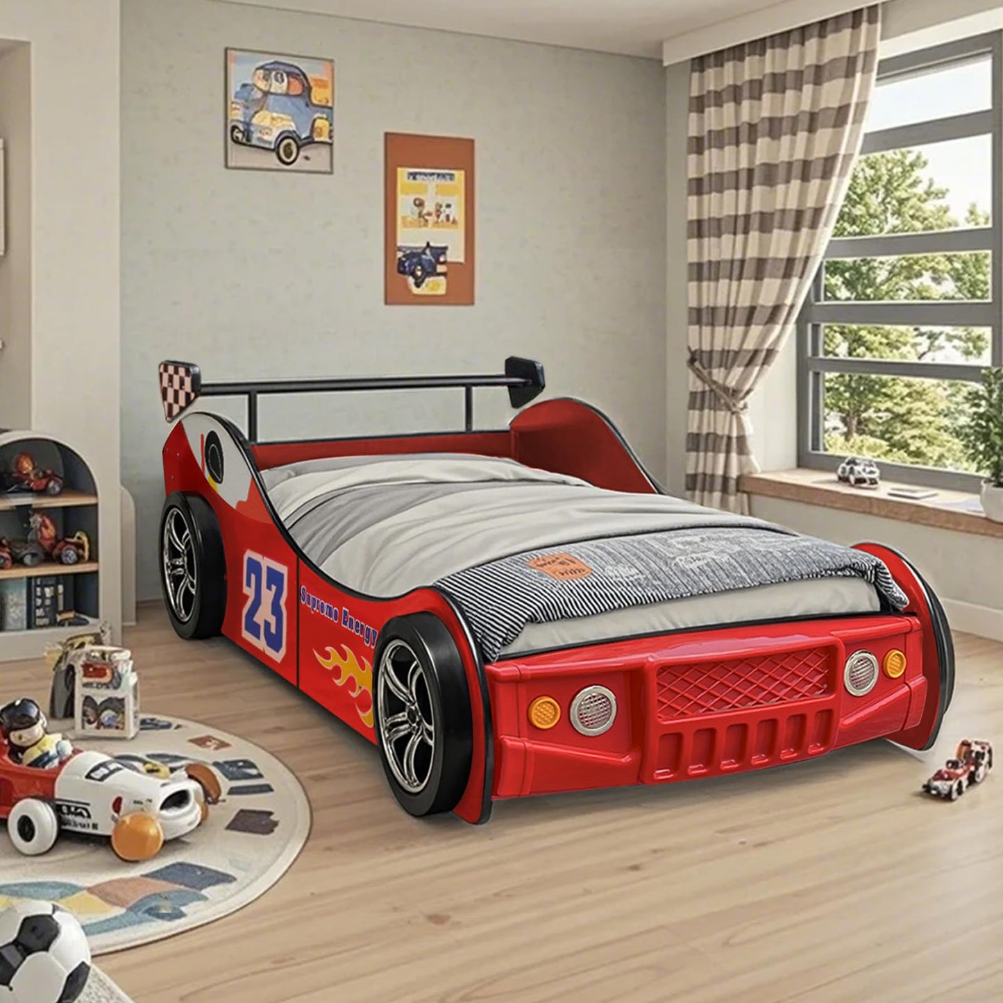 LKTART Twin Size Car Bed for Kids, Race Car-Shaped Wooden Platform Bed Frame with Headboard Wheels and Support Slats for Boys Toddlers Child's Bedroom (Red)