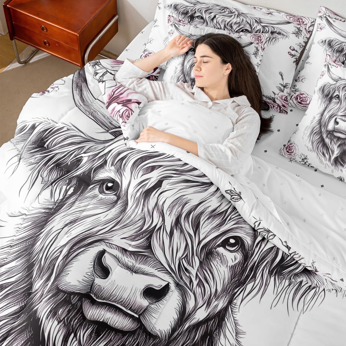 jejeloiu Highland Cow Comforter Set with Sheets 7 Piece Twin Size Highland Cattle Bedding Set for Kids Boys Girls Animal Bed in a Bag Room Decor Soft Lightweight Microfiber