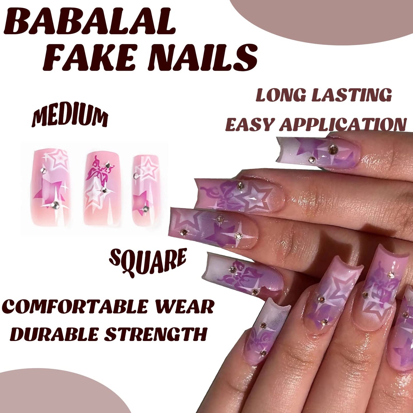 BABALAL Medium Square Press on Nails, Y2K Purple Star Rhinestone Butterfly Design Acrylic Glue on Nails for Women and Girls 24 Pieces