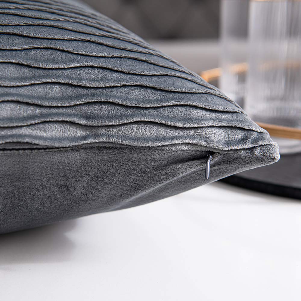 DEZENE Grey Vertical Ripple Striped Decorative Pillow Cases: Pack of 2 18x18 Inch Velvet Square Throw Pillow Covers for Farmhouse Couch Sofa Bed Living Room Home Decor