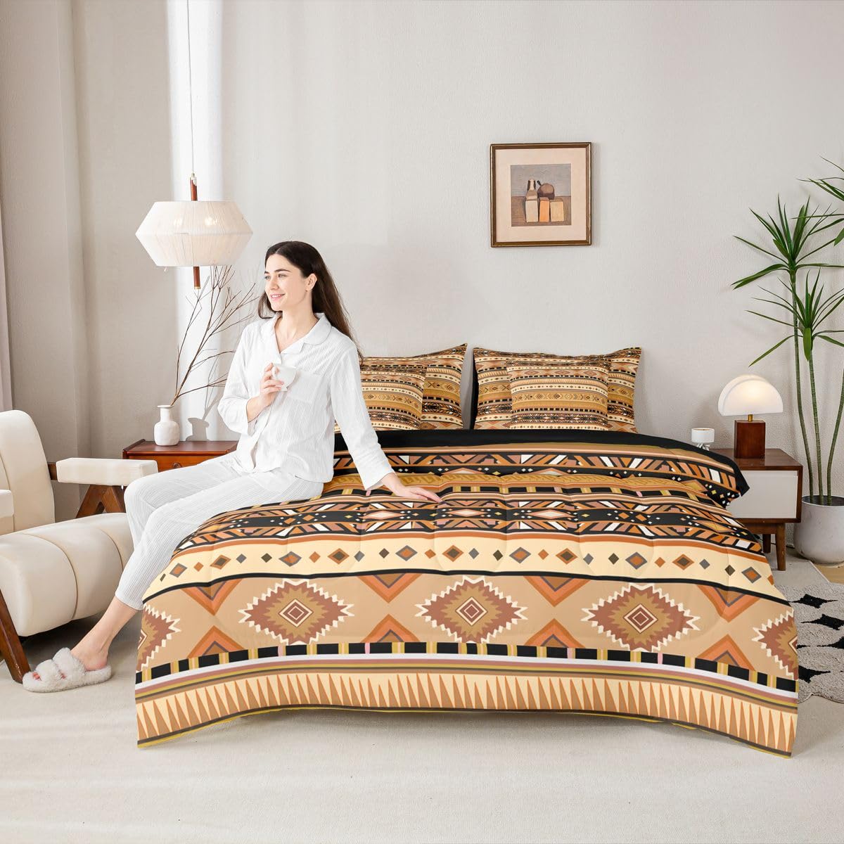Erosebridal White Brown Aztec Southwestern Full Comforter Set 7 Pieces | Cowboy Farmhouse Bed in A Bag for Bedroom Tribal Bohemian Bedding Set with Comforters Cowgirl Adults Room Decor
